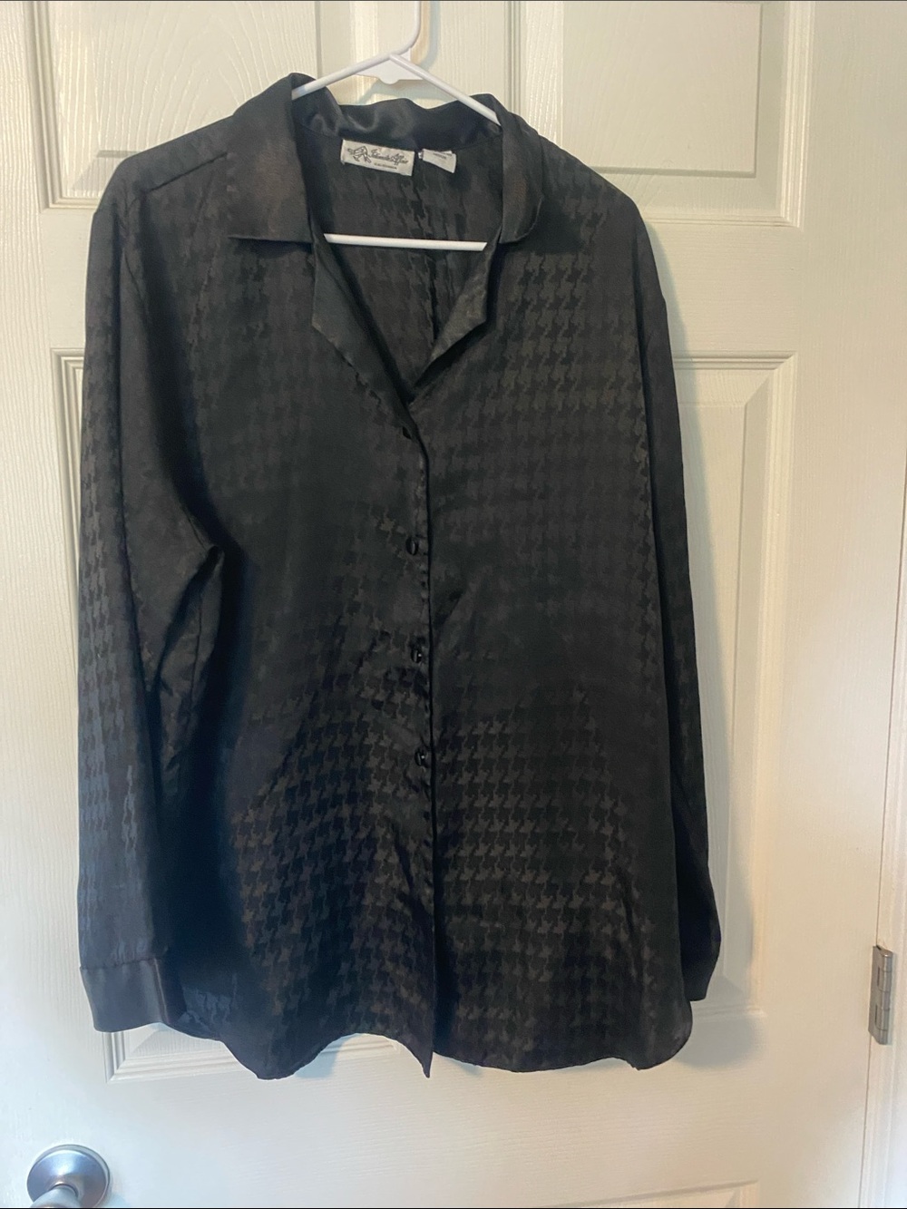Black Satin Houndstooth Button-Up Dress Shirt - intimate affair